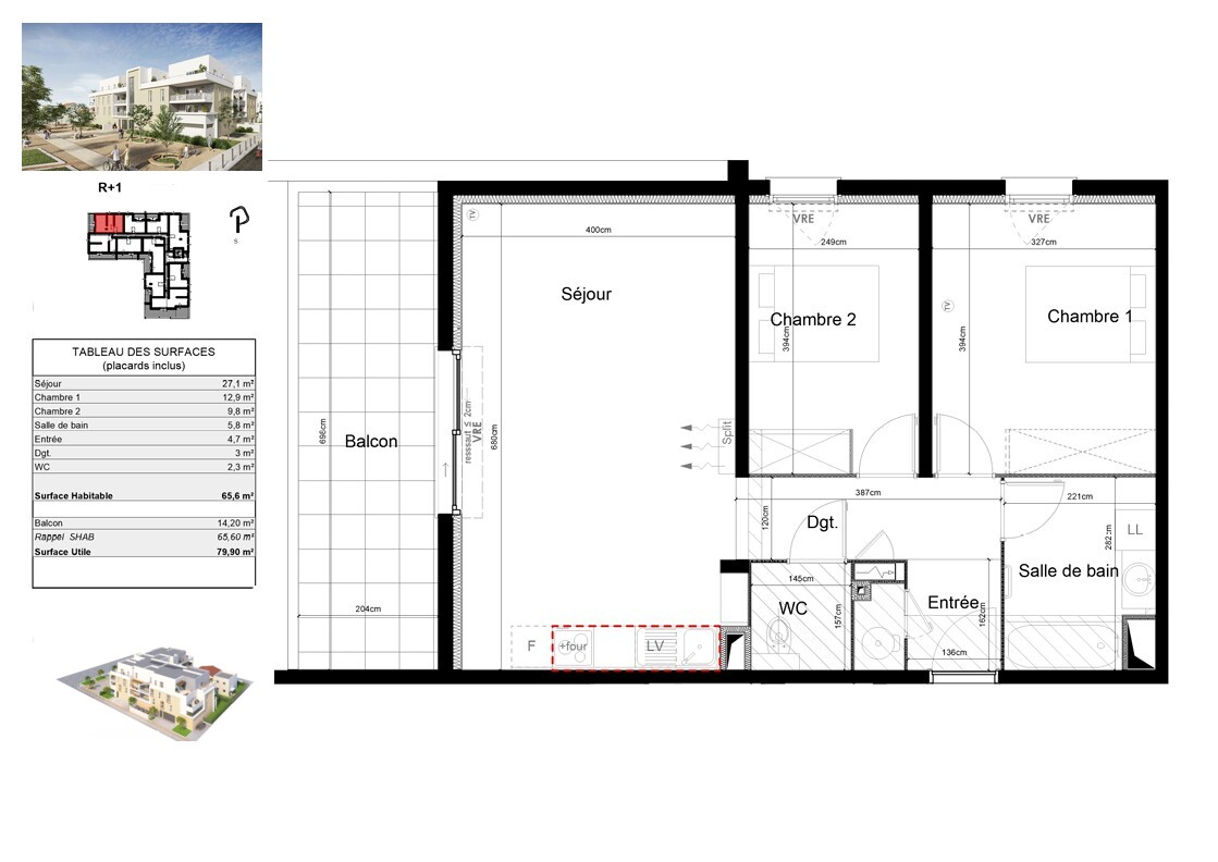 SAUVIAN T3 65,6 m² lumineux exposé Ouest. Parking sous-sol. Centre-ville à pied 2
