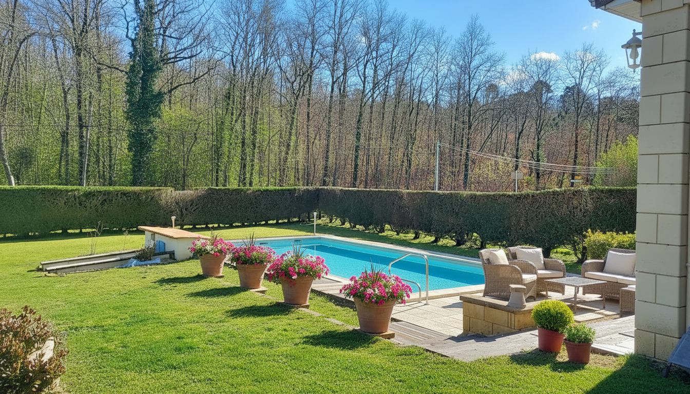 LA DOUZE Maison chaleureuse et facile à vivre, rénovée, avec 5 chambres. 2 salles d 'eau.2 wc. Sous-sol. 2 cuisines. Garage. Piscine 11 X 6M. 2 Terrasses. Jardin clos de  2678 m2 2