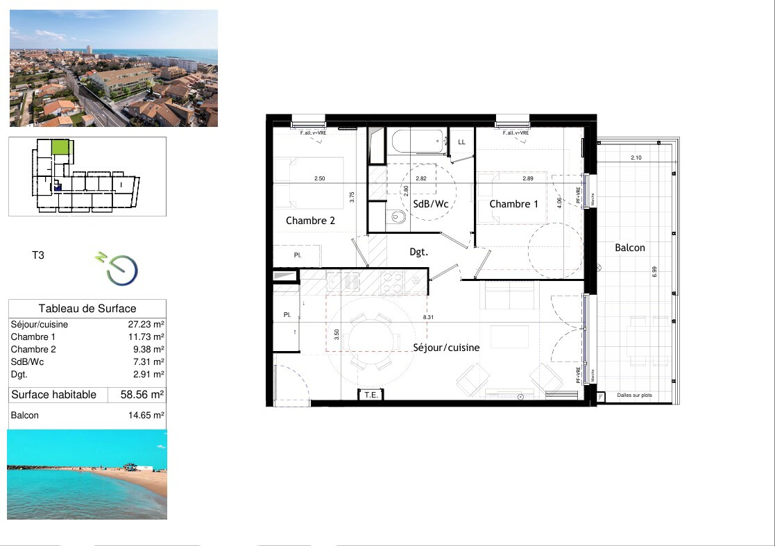 VALRAS-PLAGE À 150 m de la plage. T3 lumineux de plus de 58 m² exposé Sud avec 2 parkings 2