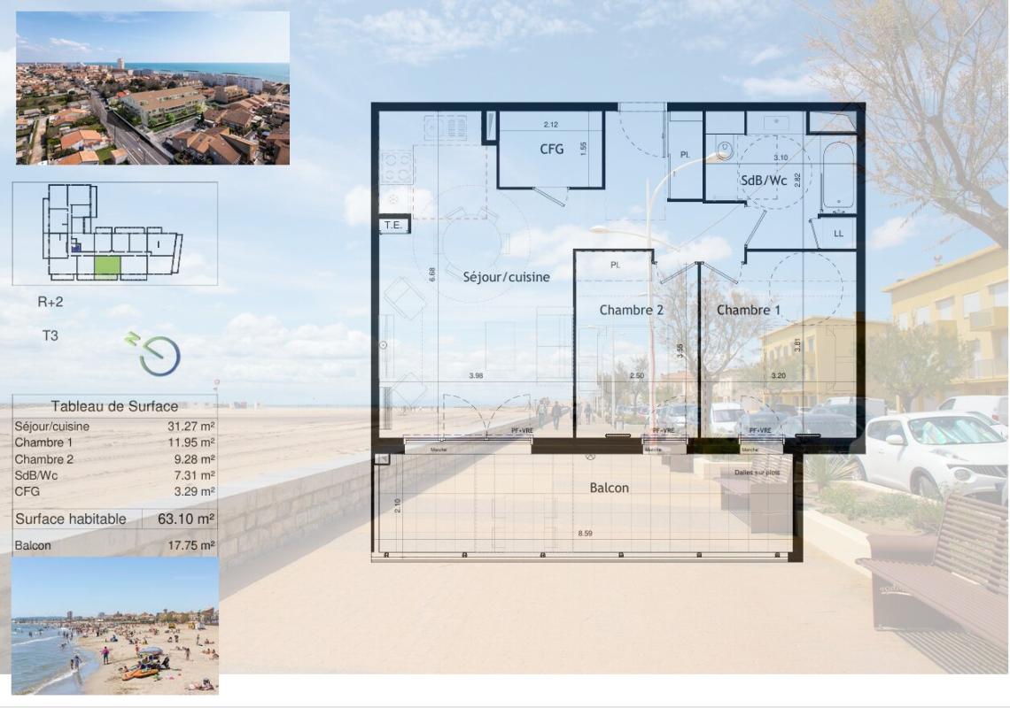 VALRAS-PLAGE À 150 m de la plage. T3 lumineux de plus de 63 m² exposé Ouest avec 2 parkings 2