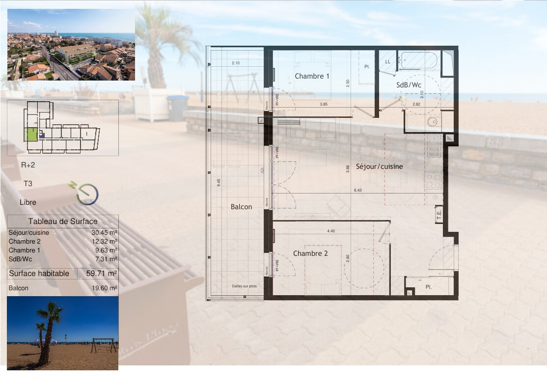 VALRAS-PLAGE À 150 m de la plage. T3 lumineux de près de 60 m², avec 2 parkings 2