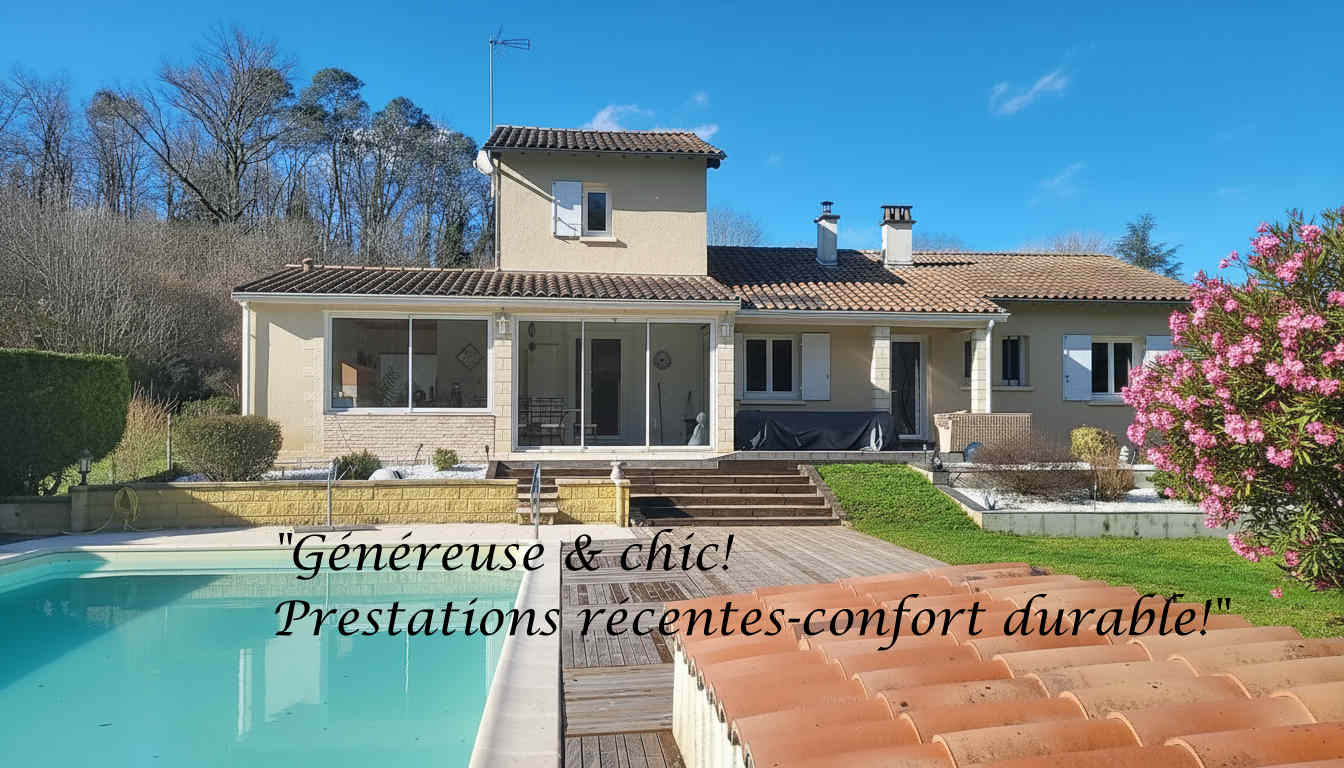 LA DOUZE Maison chaleureuse et facile à vivre! 2 cuisines. 4/5 chambres. 2 salles d 'eau.2 wc. Sous-sol. Garage. Piscine 11 X 6M. 2 Terrasses. Jardin clos de 2678 m2 1