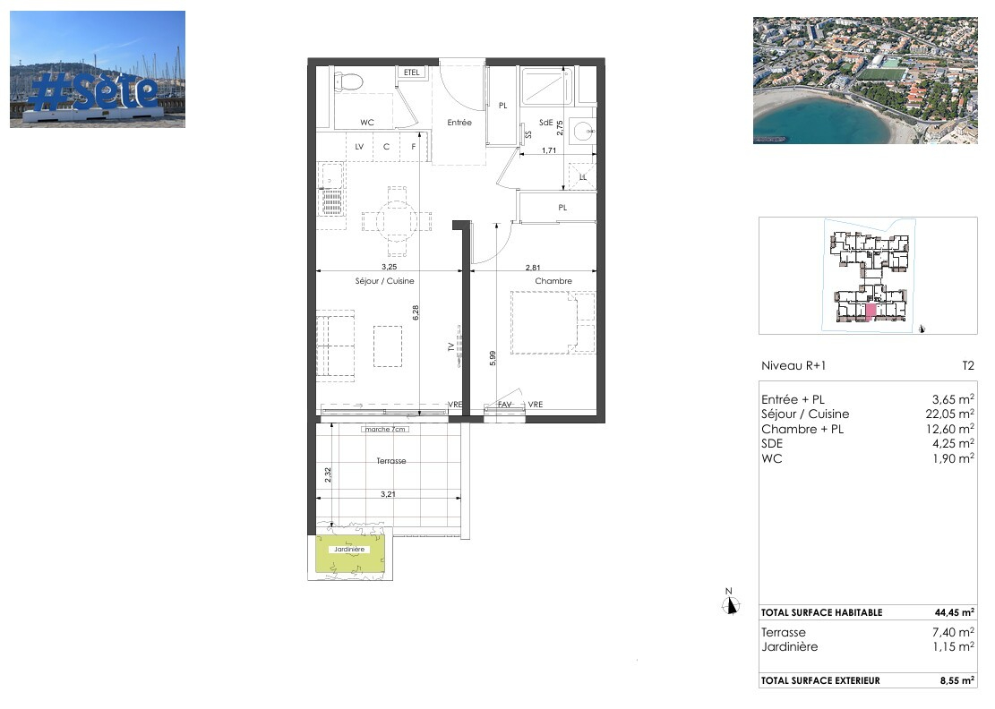 SETE Corniche de Sète. T2 de standing, Terrasse plus jardinière 8,5 m² Sud, Bord de Mer 2