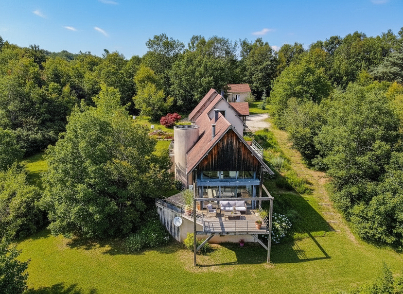 ROUFFIGNAC-SAINT-CERNIN-DE-REILHAC Vue panoramique, calme absolu,  intimité! Un véritable coup de coeur architectural! 2 Maisons.  5 Chambres, 4 salles d'eau. Jardin environ 1ha 2