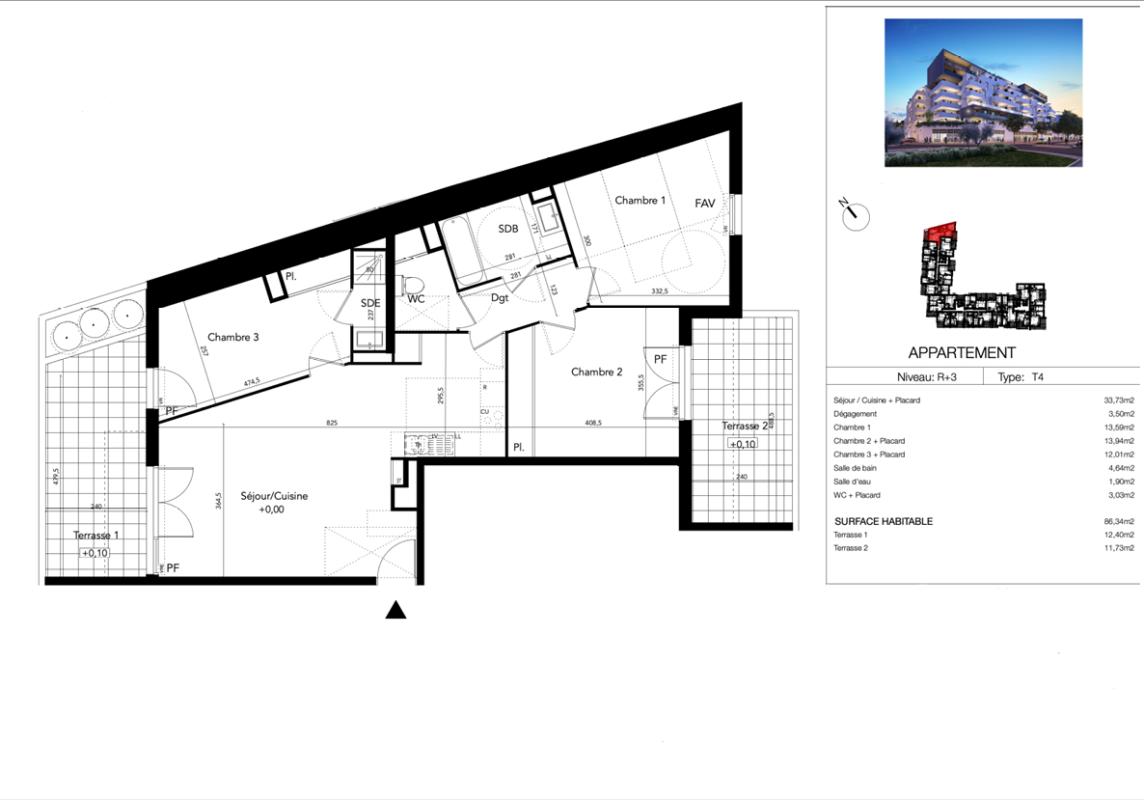 BEZIERS T4 d'exception en dernier étage, avec sa terrasse privée côté salon et sa terrasse côté chambre 3