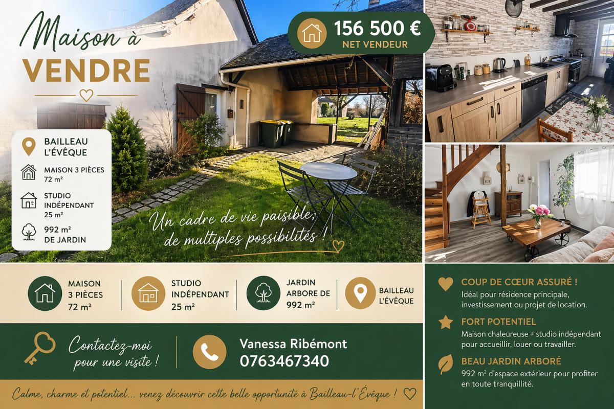 BAILLEAU-L'EVEQUE Maison 72 m² + studio indépendant 25 m2 sur grand terrain de 992 m² ? Bailleau-l'Évêque - au calme 12